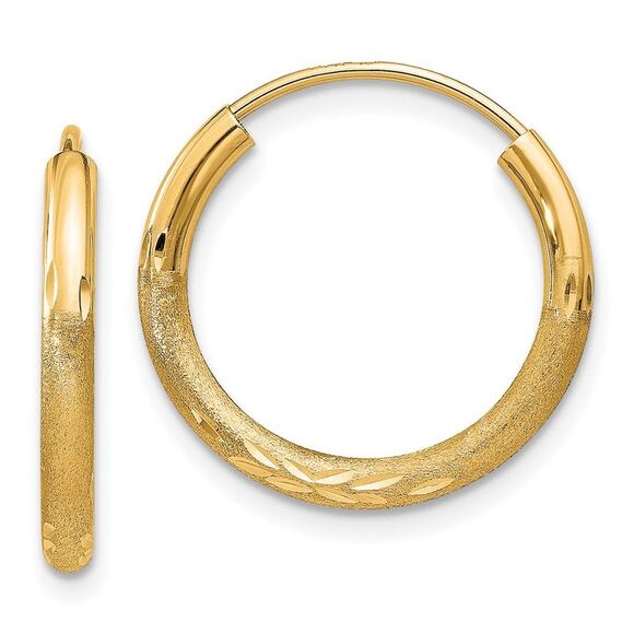 Kazi Luxury 14k Yellow Gold 2mm Satin Diamond-cut Endless Hoop Earrings